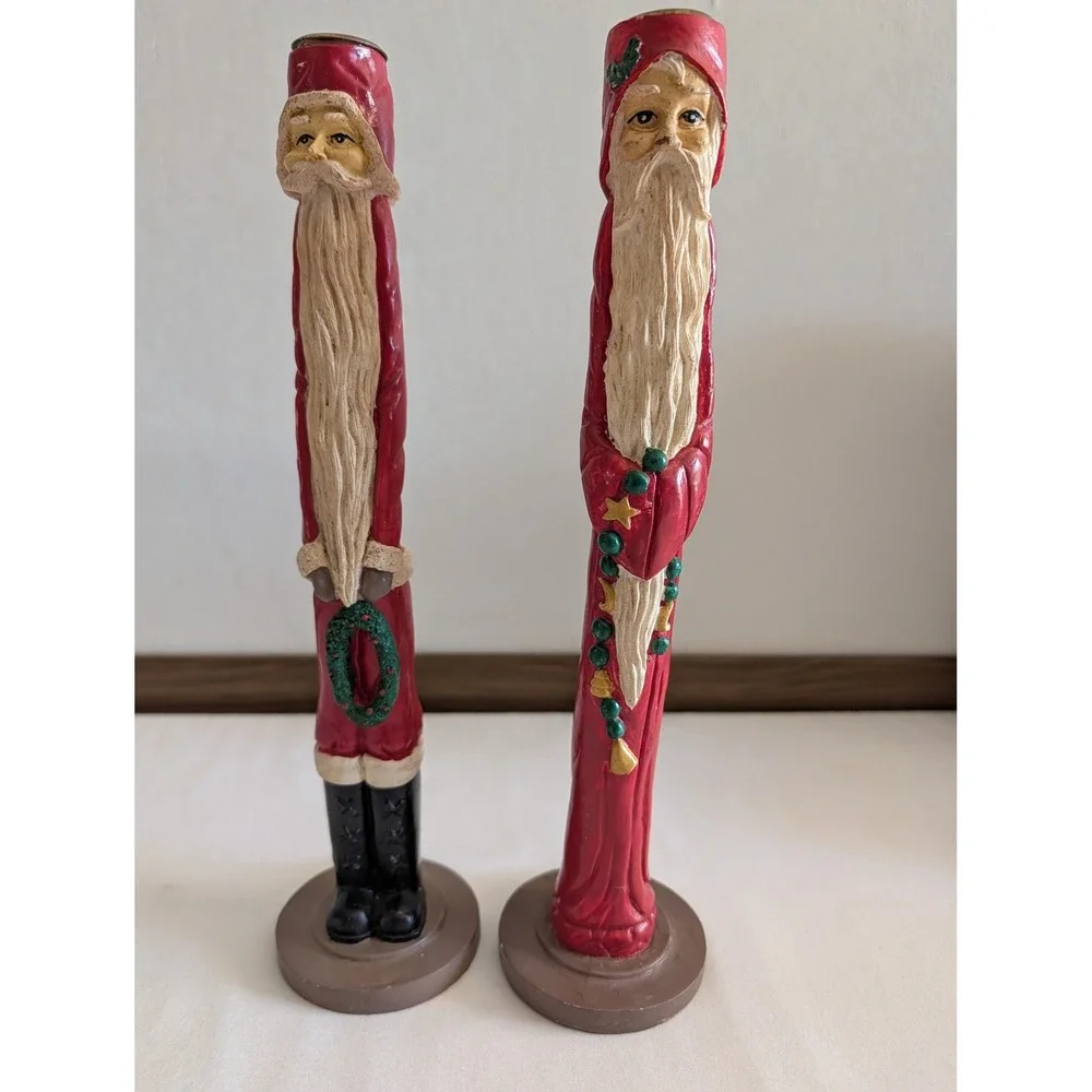Vintage Tall Skinny Santa Claus Taper Candle Holder Set of 2 Christmas Decor 12